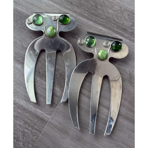 Stainless Steel Salad Servers Claws Green Holiday Embellished - Picture 1 of 5